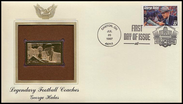 3143 - 3146 / 32c Legendary Football Coaches : Canton, OH Hall of Fame Postmark 1997 Set of 4 Gold Replica Postal Commemorative Society FDCs with info cards