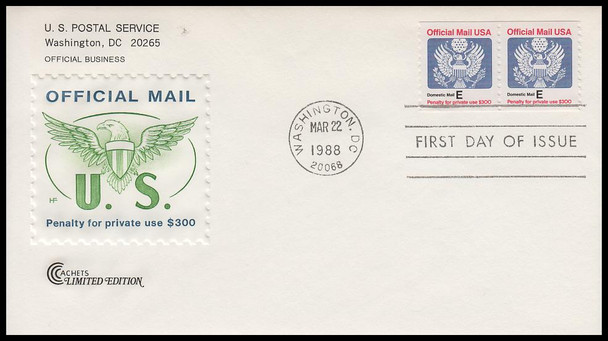 O140 / E Rate (25c) Official Mail Eagle Coil Pair 1988 Cover Craft Cachets FDC With Insert Card (Limited Edition of Only 400 Made)