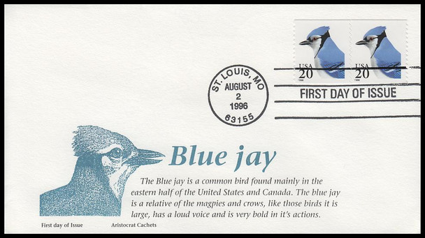 3053 / 20c Blue Jay Self-Adhesive Coil Pair 1996 Aristocrat Cachets First Day Cover
