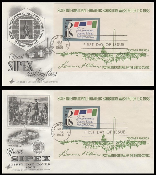 1311 / 5c Sipex Souvenir Sheet Imperf 1966 Set of 2 Different Cachets Artcraft First Day Covers