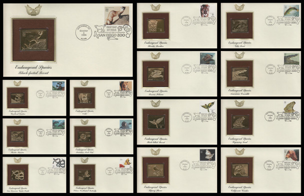 3105a-o / 32c Endangered Species 1996 Set of 15 Gold Replica Postal Commemorative Society FDCs with Info Cards