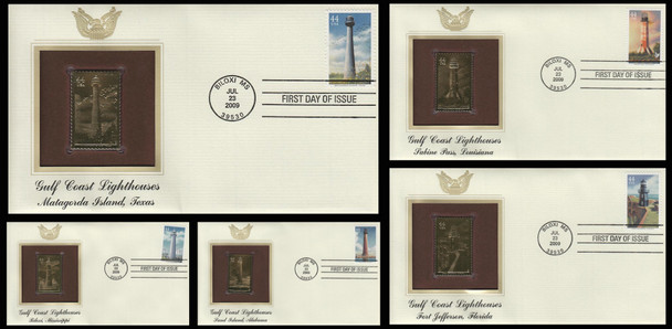 4409 - 4413 / 44c Gulf Coast Lighthouses 2009 Set of 5 Gold Replica Postal Commemorative Society FDCs with info cards