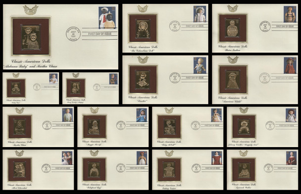 3151a-o / 32c Classic American Dolls 1997 Set of 15 Gold Replica Postal Commemorative Society FDCs with Info Cards