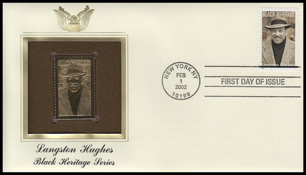 3557 / 34c Langston Hughes : Writer : Black Heritage 2002 Gold Replica Postal Commemorative Society FDC with Info Card