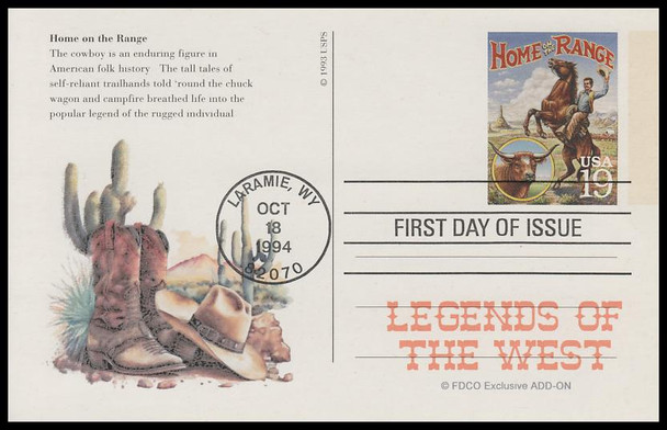UX178 - UX197 / 19c Legends of the West : Laramie, WY Postmark 1994 Set of 20 FDCO Exclusive ADD-ON Postal Card FDCs