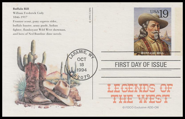 UX178 - UX197 / 19c Legends of the West : Laramie, WY Postmark 1994 Set of 20 FDCO Exclusive ADD-ON Postal Card FDCs