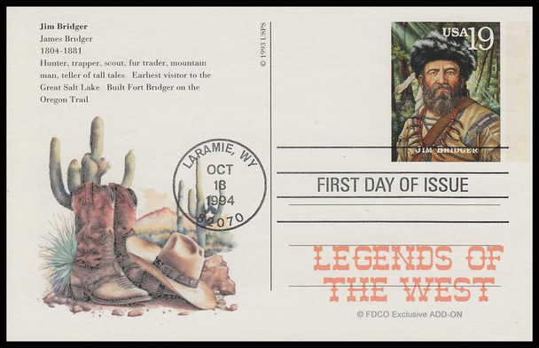 UX178 - UX197 / 19c Legends of the West : Laramie, WY Postmark 1994 Set of 20 FDCO Exclusive ADD-ON Postal Card FDCs