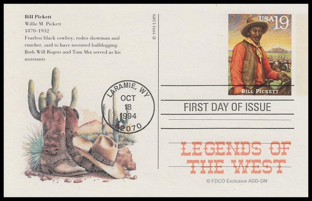UX178 - UX197 / 19c Legends of the West : Laramie, WY Postmark 1994 Set of 20 FDCO Exclusive ADD-ON Postal Card FDCs