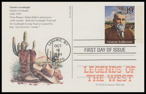 UX178 - UX197 / 19c Legends of the West : Laramie, WY Postmark 1994 Set of 20 FDCO Exclusive ADD-ON Postal Card FDCs