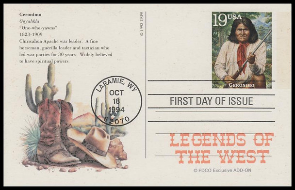 UX178 - UX197 / 19c Legends of the West : Laramie, WY Postmark 1994 Set of 20 FDCO Exclusive ADD-ON Postal Card FDCs