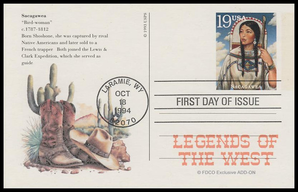 UX178 - UX197 / 19c Legends of the West : Laramie, WY Postmark 1994 Set of 20 FDCO Exclusive ADD-ON Postal Card FDCs