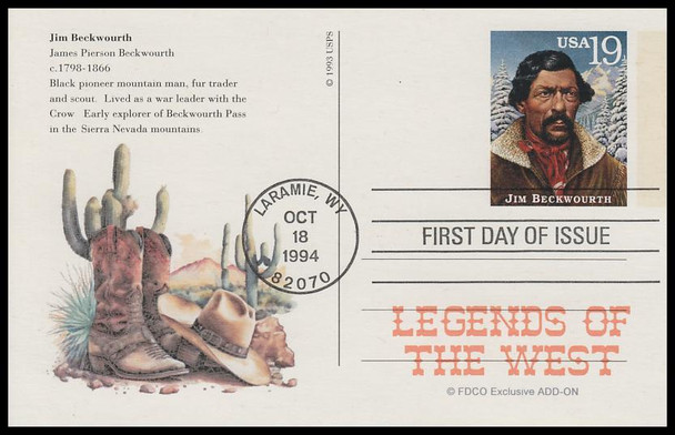 UX178 - UX197 / 19c Legends of the West : Laramie, WY Postmark 1994 Set of 20 FDCO Exclusive ADD-ON Postal Card FDCs