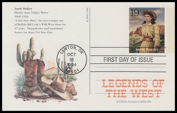 UX178 - UX197 / 19c Legends of the West : Lawton, OK Postmark 1994 Set of 20 FDCO Exclusive ADD-ON Postal Card FDCs