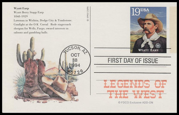 UX178 - UX197 / 19c Legends of the West : Tuscon, AZ Postmark 1994 Set of 20 FDCO Exclusive ADD-ON Postal Card FDCs