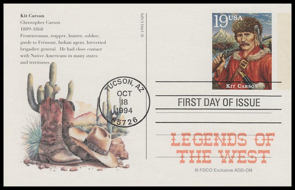 UX178 - UX197 / 19c Legends of the West : Tuscon, AZ Postmark 1994 Set of 20 FDCO Exclusive ADD-ON Postal Card FDCs