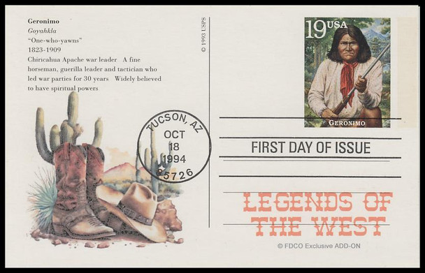 UX178 - UX197 / 19c Legends of the West : Tuscon, AZ Postmark 1994 Set of 20 FDCO Exclusive ADD-ON Postal Card FDCs