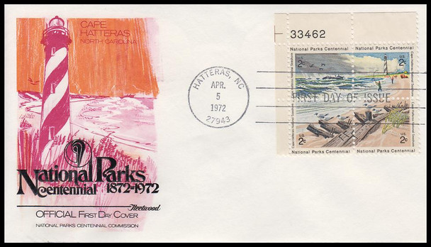 1451a / 2c National Parks Centennial : Cape Hatteras 1972 Plate Block Fleetwood First Day Cover