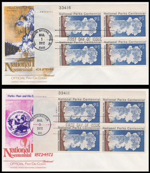 1455 / 8c National Parks Centennial : Old Faithful, Yellowstone 1972 Set of 2 Plate Block Fleetwood First Day Covers