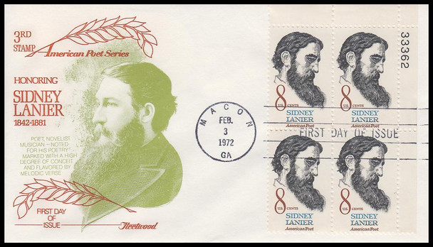 1446 / 8c Sidney Lanier 1972 Plate Block Fleetwood First Day Cover
