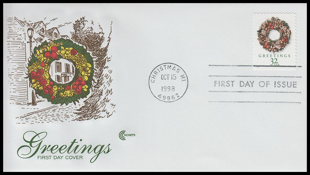 3249 - 3252 / 32c Greetings Holiday Wreaths PSA Sheet Issue 1998 Set of 4 Cover Craft Cachets FDC With Insert Card (Limited Edition of Only 140 Made)