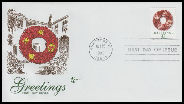 3249 - 3252 / 32c Greetings Holiday Wreaths PSA Sheet Issue 1998 Set of 4 Cover Craft Cachets FDC With Insert Card (Limited Edition of Only 140 Made)