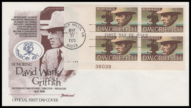 1555 / 10c David W. Griffith 1975 Plate Block Fleetwood First Day Cover