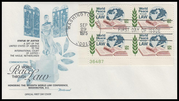 1576 / 10c World Peace Through Law 1975 Plate Block Fleetwood First Day Cover