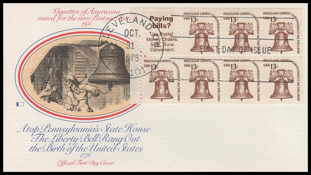 1595b / 13c Liberty Bell Booklet Pane 1975 Fleetwood First Day Cover
