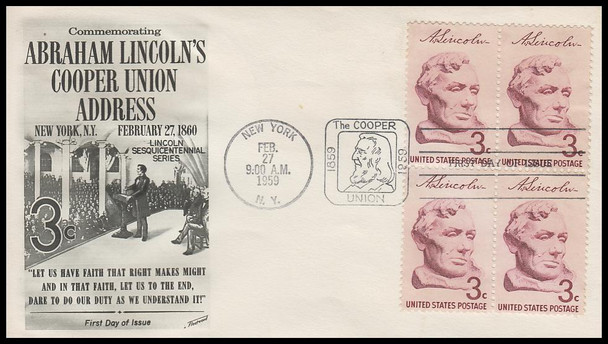 1114 / 3c Abraham Lincoln Sesquicentennial 1959 Block Fleetwood First Day Cover