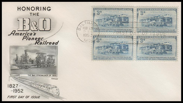 1006 / 3c B. & O. Railroad 1952 Block Fleetwood First Day Cover