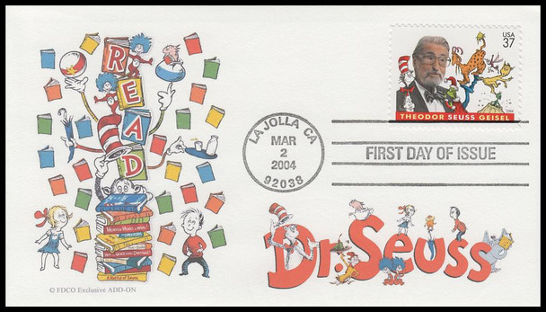 3835 / 37c  Theodor Seuss Giesel : Dr. Seuss 2004 Add-On Cachet FDCO Exclusive FDC