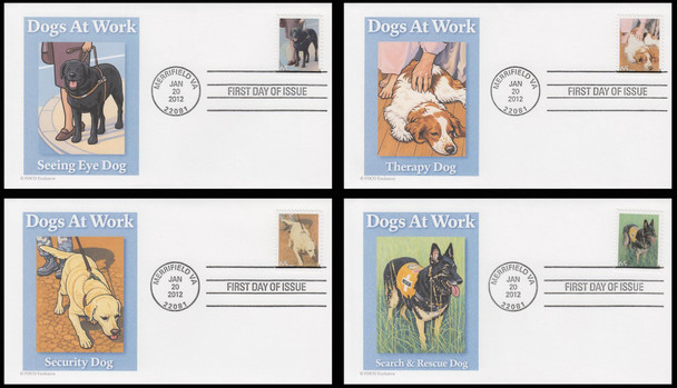 4604 - 4607 / 65c Dogs At Work  2012 Set of 4 FDCO Exclusive First Day Covers