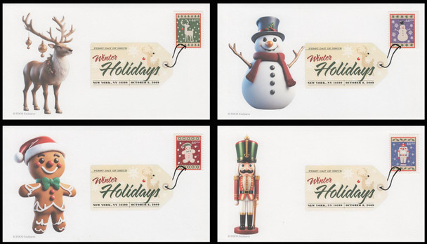 4425 - 4428 / 44c Winter Holidays Convertible Booklet Singles 2009 Set of 4 Digital Color Postmark ( DCP ) FDCO Exclusive FDCs