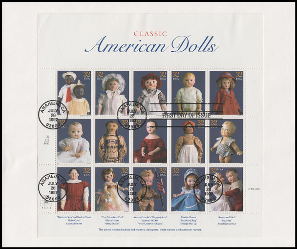 3151 / 32c Classic American Dolls Pane 1997 USPS Uncacheted First Day Cover