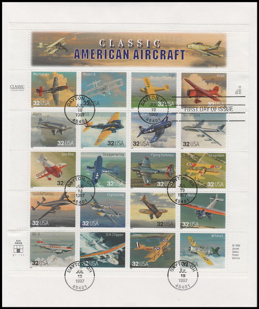3142 / 32c Classic American Aircraft Pane 1997 USPS Uncacheted FDC