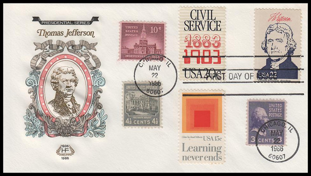 2216c / 22c Thomas Jefferson : Ameripex '86 Single and Combo 1986 Set of 2 House of Farnam First Day Covers