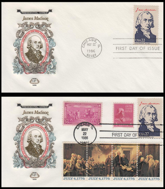 2216d / 22c James Madison : Ameripex '86 Single and Combo 1986 Set of 2 House of Farnam First Day Covers