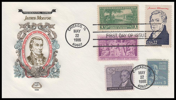 2216e / 22c James Monroe : Ameripex '86 Single and Combo 1986 Set of 2 House of Farnam First Day Covers