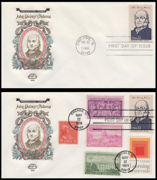 2216f / 22c John Quincey Adams : Ameripex '86 Single and Combo 1986 Set of 2 House of Farnam First Day Covers