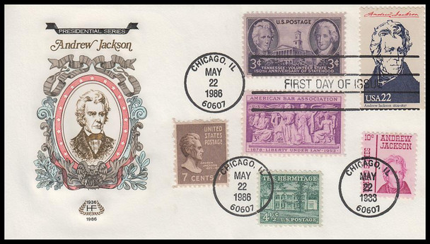 2216g / 22c Andrew Jackson : Ameripex '86 Single and Combo 1986 Set of 2 House of Farnam First Day Covers