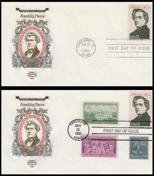 2217e / 22c Franklin Pierce : Ameripex '86 Single and Combo 1986 Set of 2 House of Farnam First Day Covers