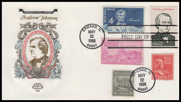2217h / 22c Andrew Johnson : Ameripex '86 Single and Combo 1986 Set of 2 House of Farnam First Day Covers