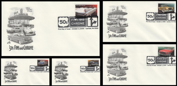 4353 - 4357 / 42c Tail Fins and Chrome : Automobiles of the 1950's 2008 Set of 5 Artcraft First Day Covers