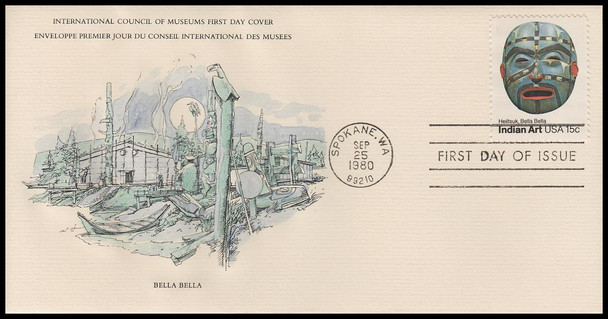 1834 - 1837 / 15c Pacific Northwest Indian Masks 1980 Set of 4 Int. Council of Museums #9 Size FDCs w/info cards