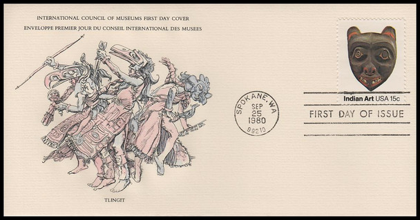 1834 - 1837 / 15c Pacific Northwest Indian Masks 1980 Set of 4 Int. Council of Museums #9 Size FDCs w/info cards