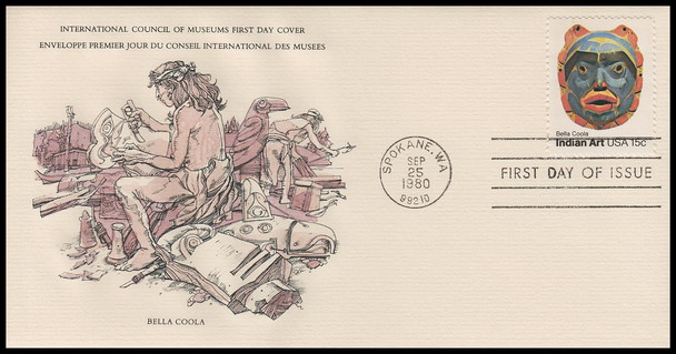 1834 - 1837 / 15c Pacific Northwest Indian Masks 1980 Set of 4 Int. Council of Museums #9 Size FDCs w/info cards