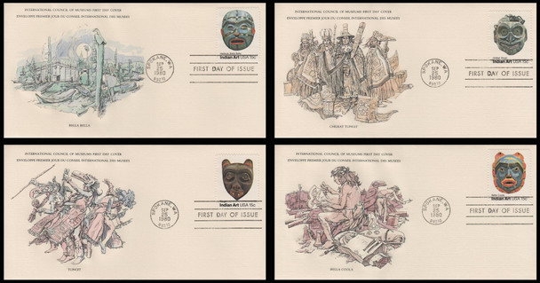 1834 - 1837 / 15c Pacific Northwest Indian Masks 1980 Set of 4 Int. Council of Museums #9 Size FDCs w/info cards