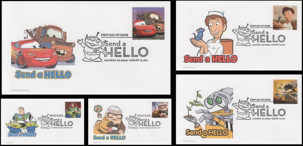 4553 - 4557 / 44c Pixar Films : Send A Hello 2011 Set of 5 FDCO Exclusive First Day Covers