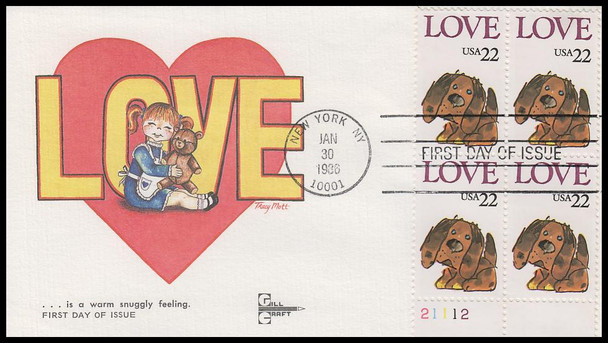 2202 / 22c Puppy Love Plate Block 1986 Gill Craft First Day Covers