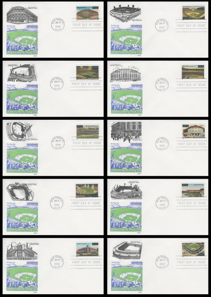 3510 - 3519 / 34c Legendary Major League Baseball Playing Fields 2001 Set of 10 New York, NY Postmark Artmaster FDCs